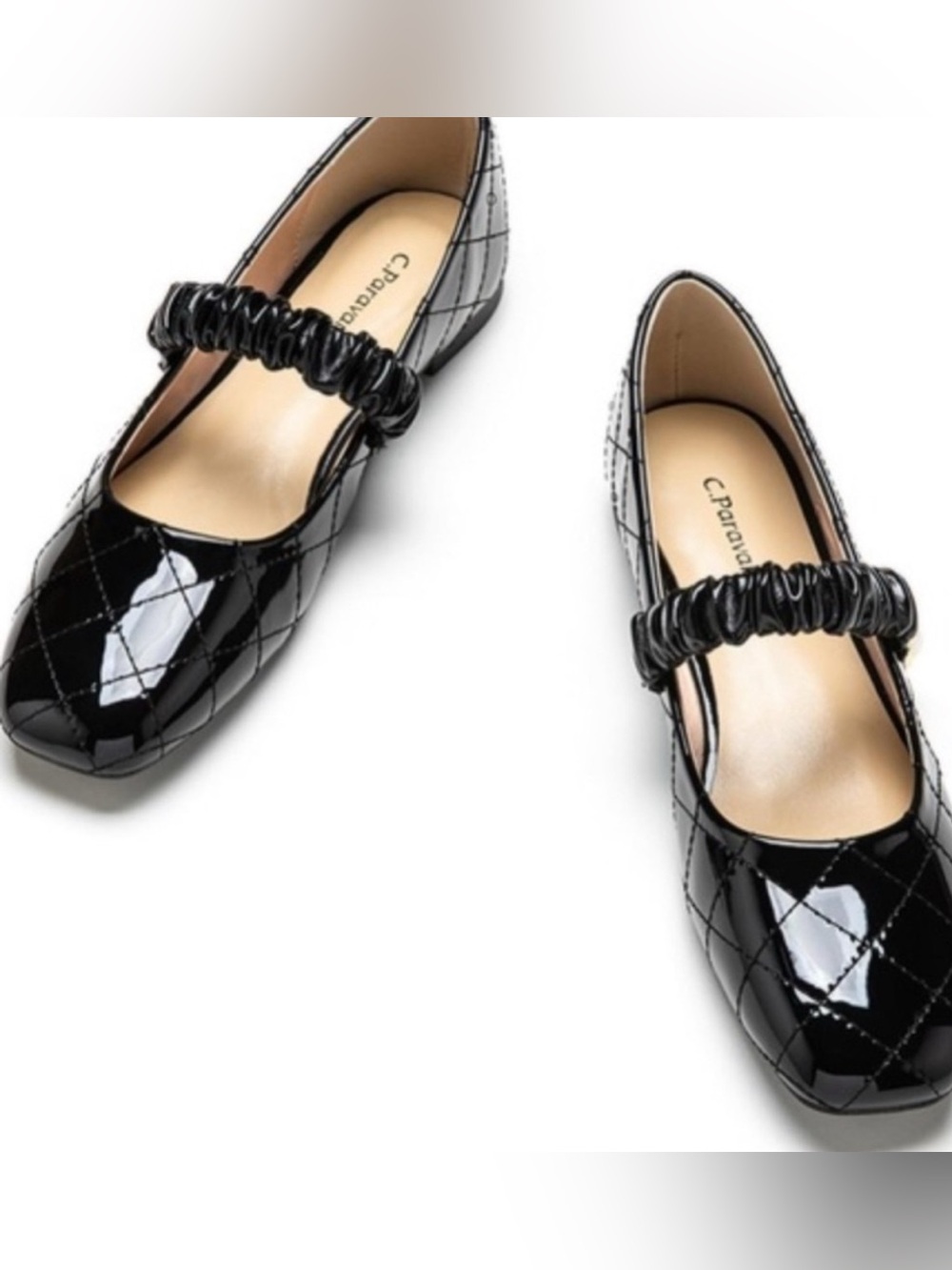 C. Paravano black quilted patent Mary Jane flats